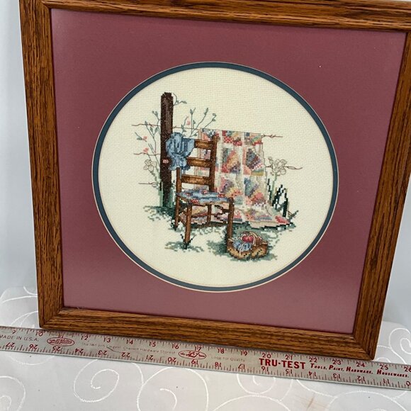 Framed Cross-Stitch Art With Wooden Chair & Quilt Scene In Oak Frame - Picture 5 of 6